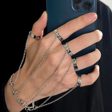 Riolio Punk Geometric Silver Color Chain Wrist Rings For Women Men Charm Hip Hop Chain Open Rings Set Couple Fashion Jewelry